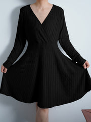  Solid Long Sleeve Surplice Neck Ribbed Knit Sweater Dress