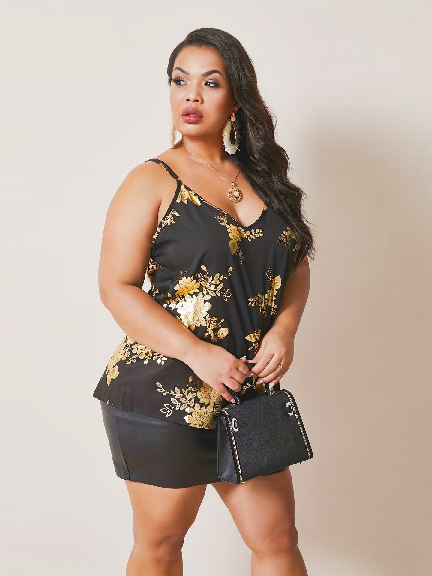  Golden Floral Print V Neck Cami Top