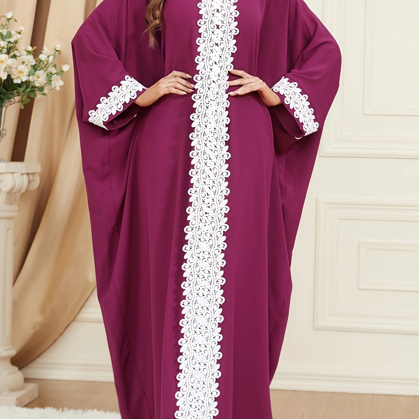  Kaftan Dress Lace Trim Batwing Sleeve Maxi Dress