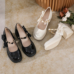 Women's Chunky Heeled Mary Jane Patent Leather Chain Strap Bowknot Shoes