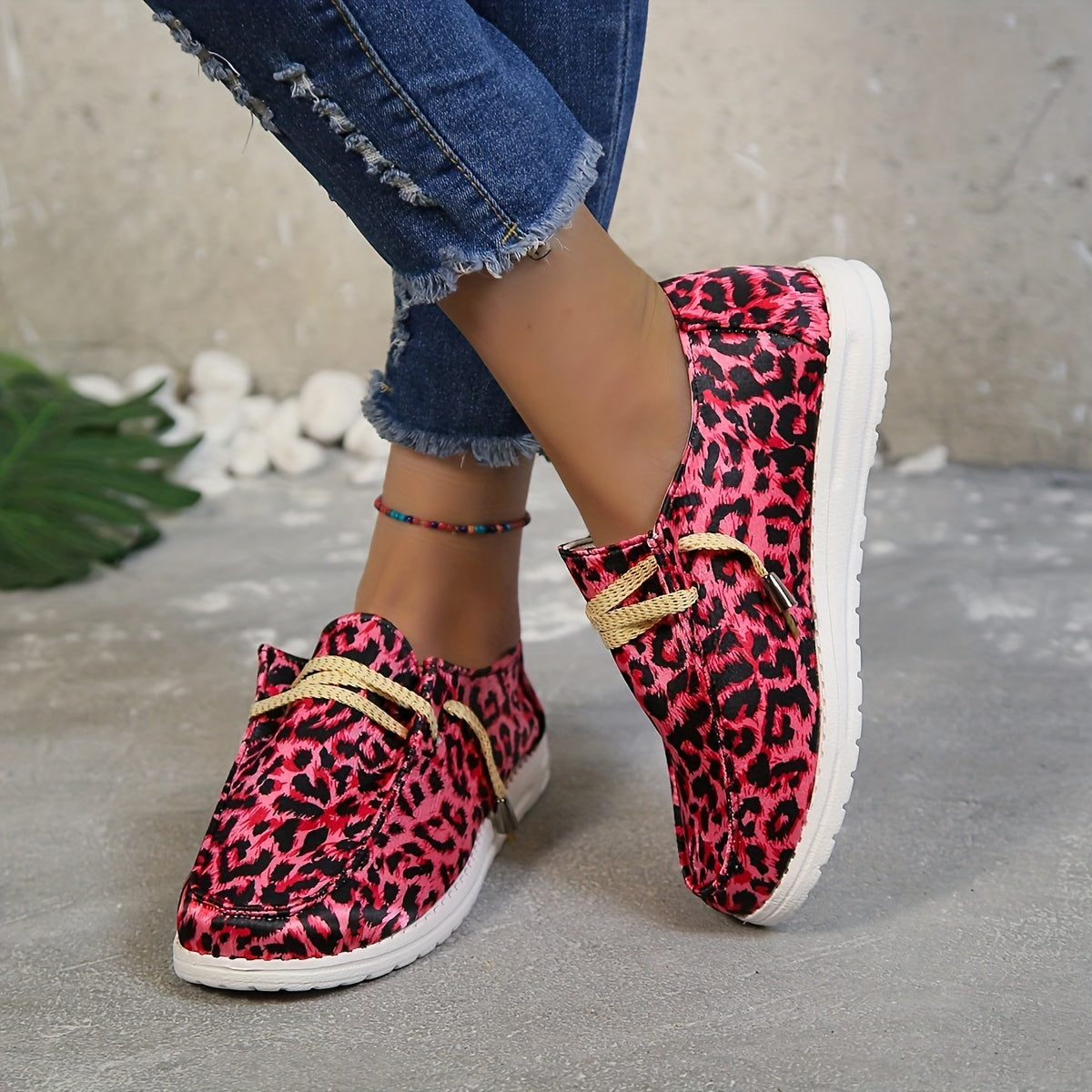 Leopard Print Canvas Lace Up Flat Shoes for Women