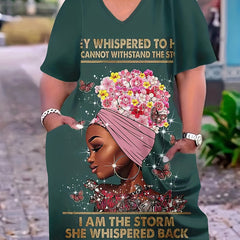  Cartoon Figure & Letter Print V Neck Tee Dress