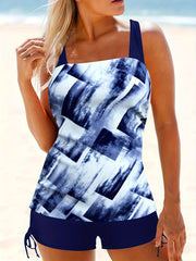  Modest Tankini Set Patchwork Square Neck Cami Top & Lace Up Side Short