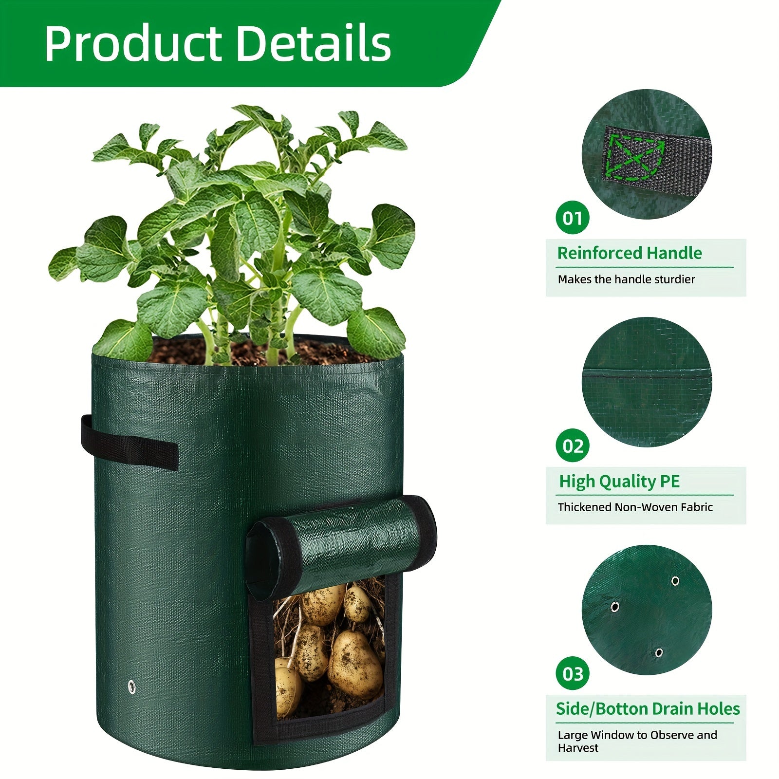 3pcs Potato Grow Bags PE Planting Growing Bag With Flap And Handles