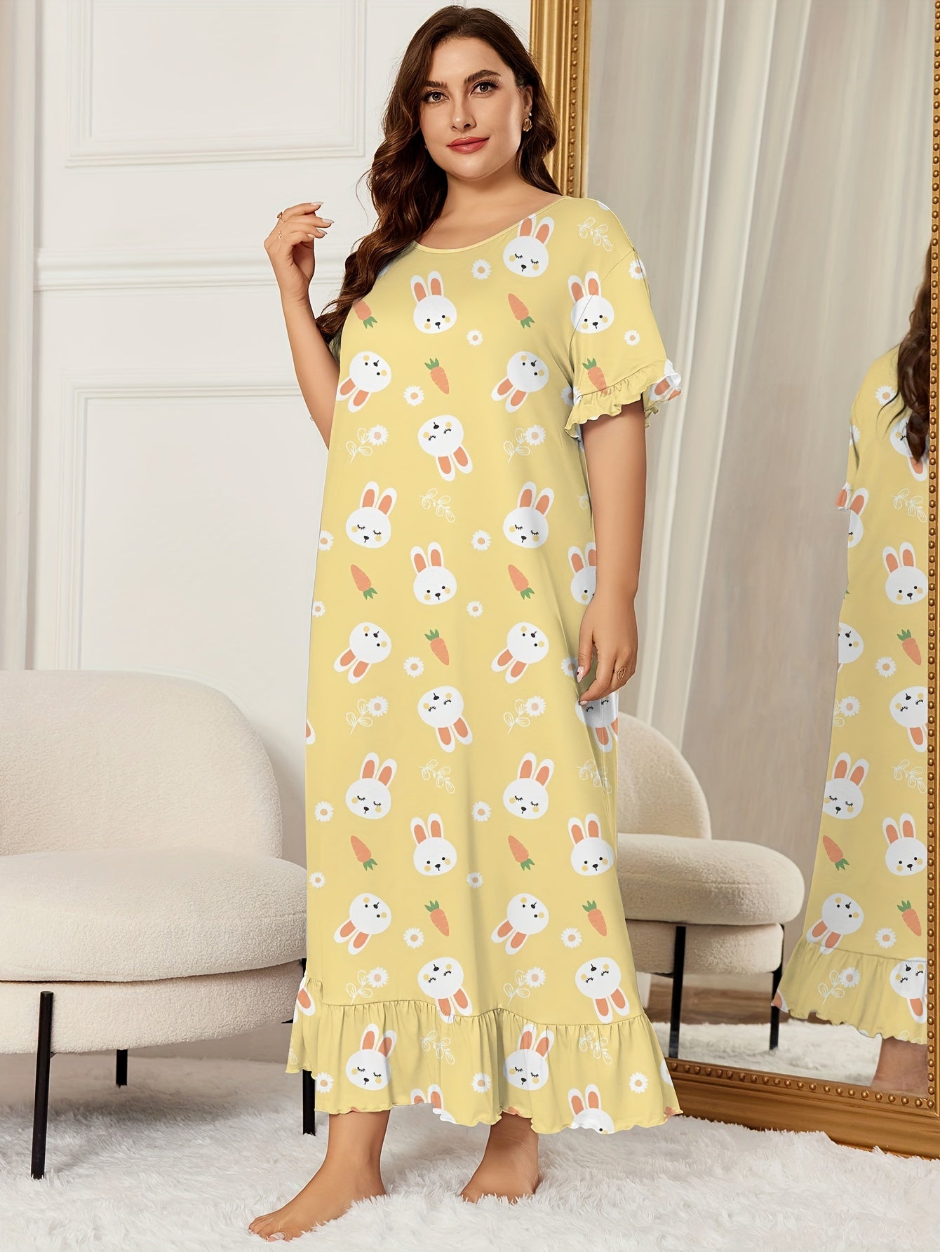  Nightdress Women's Plus Rabbit Print Ruffle Maxi Sleep Dress