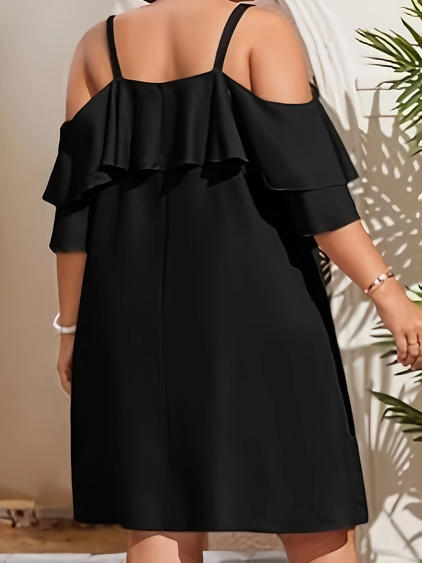  Solid Ruffle Trim Cold Shoulder Dress