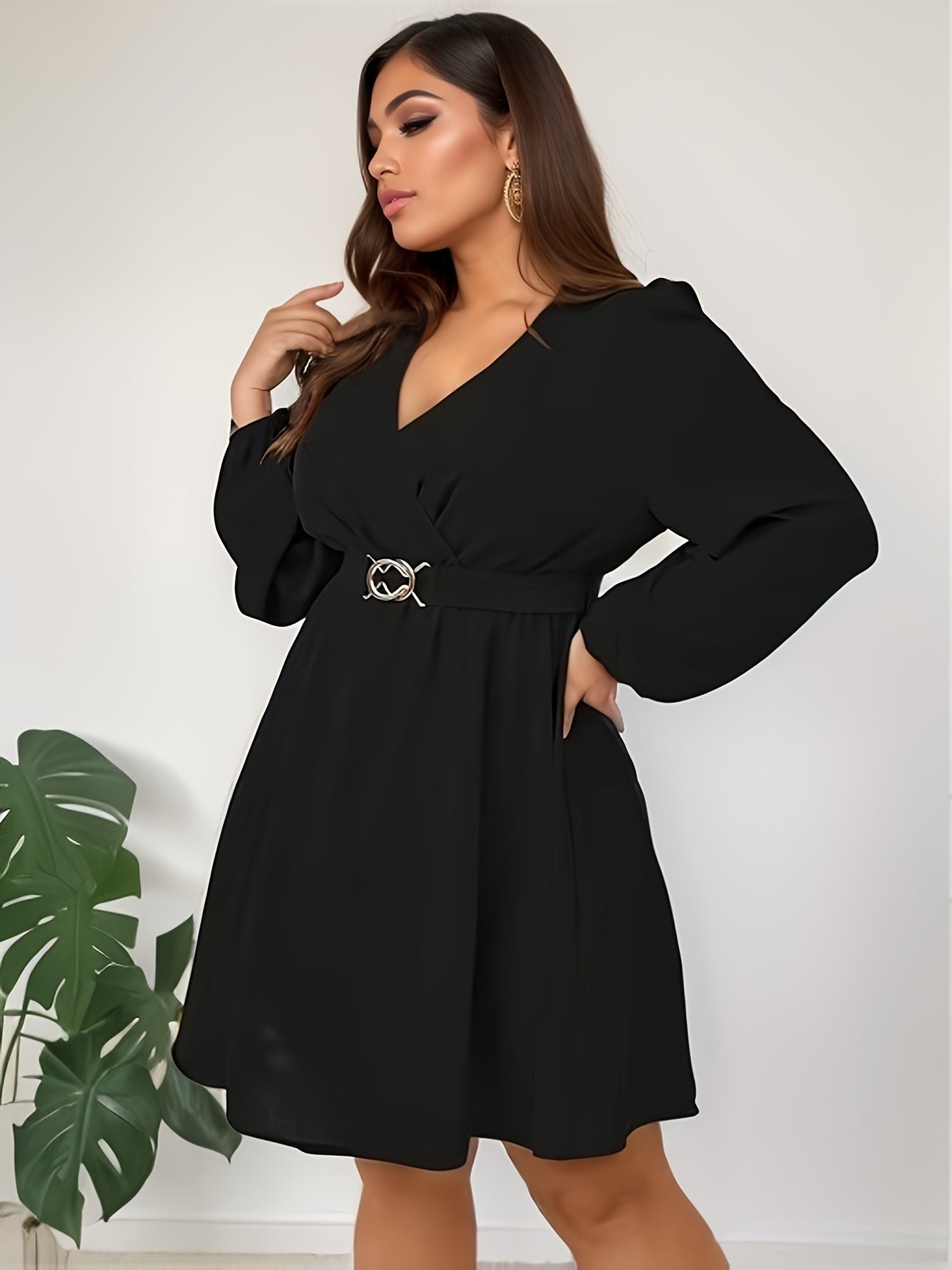  Solid Lantern Sleeve V Neck A line Dress With Belt