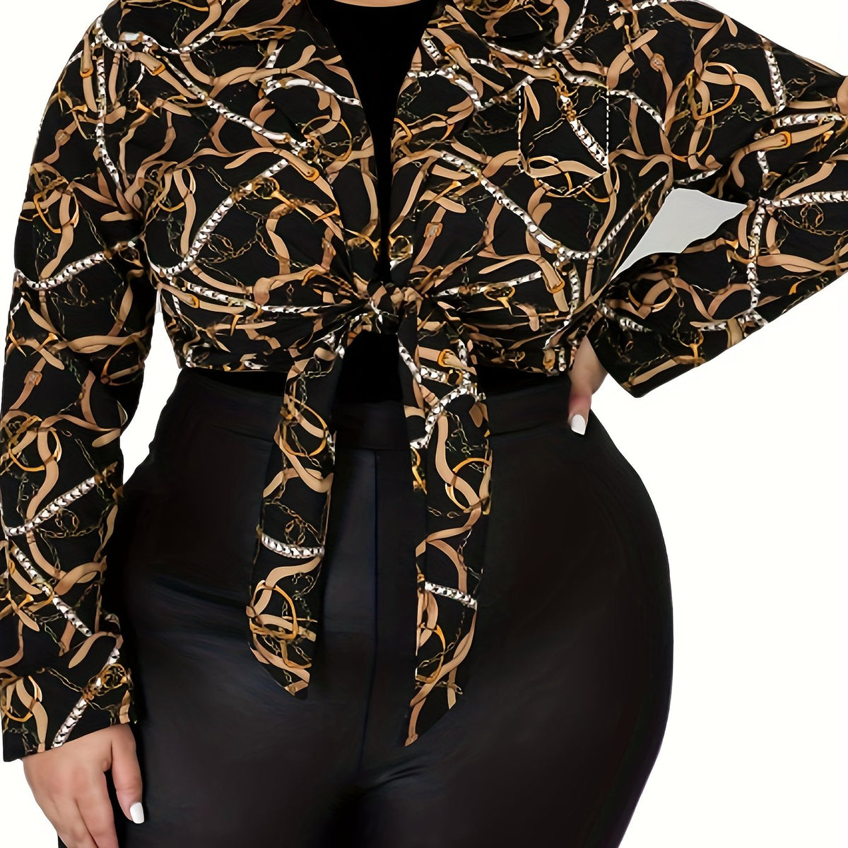  Sexy Blouse Women's Plus Chain Print Long Sleeve Knot Front Crop Top