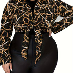  Sexy Blouse Women's Plus Chain Print Long Sleeve Knot Front Crop Top