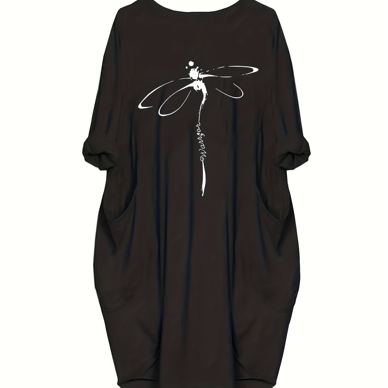 Women's Plus Dragonfly & Letter Print Round Neck Dress With Pockets