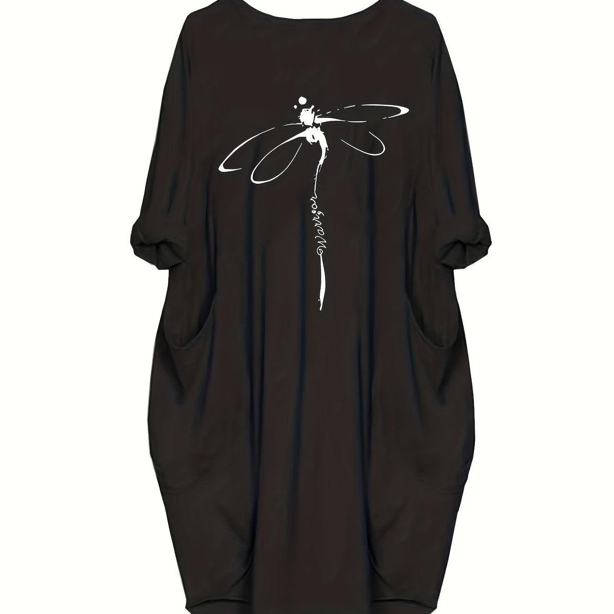 Women's Plus Dragonfly & Letter Print Round Neck Dress With Pockets