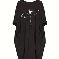Women's Plus Dragonfly & Letter Print Round Neck Dress With Pockets