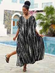  Boho Cover Up Women's Plus Striped Batwing Sleeve Maxi Kaftan Dress