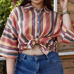  Stripe Print Bat Sleeve Blouse
