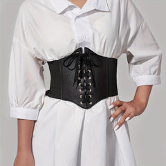 Gothic Lace Up Wide PU Belt Punk Bowknot Elastic Corset Waspie Belt