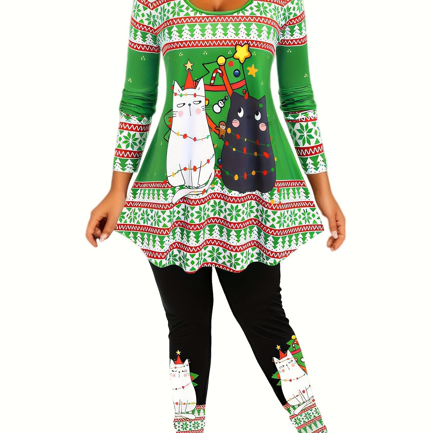  Christmas Outfits Set Women's Plus Christmas Tree & Cat Print