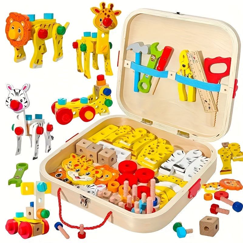 Kids' Animal & Vehicle Assembly Toolbox DIY Wooden Building Blocks Set