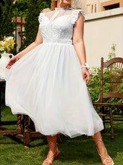  Contrast Lace Ruffle Trim Mesh Formal Party Dress