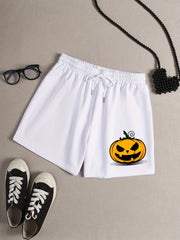  Pumpkin Print Tie Waist Pajama Shorts