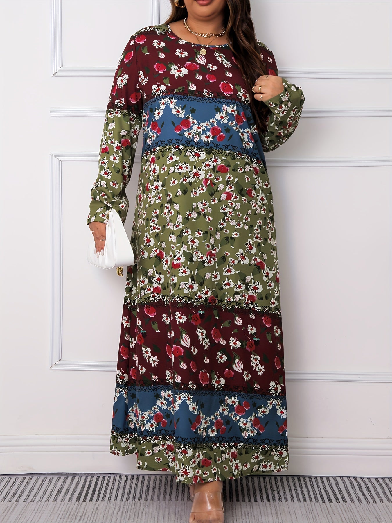  Colorblock Floral Print Long Sleeve Maxi Dress