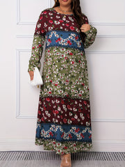  Colorblock Floral Print Long Sleeve Maxi Dress
