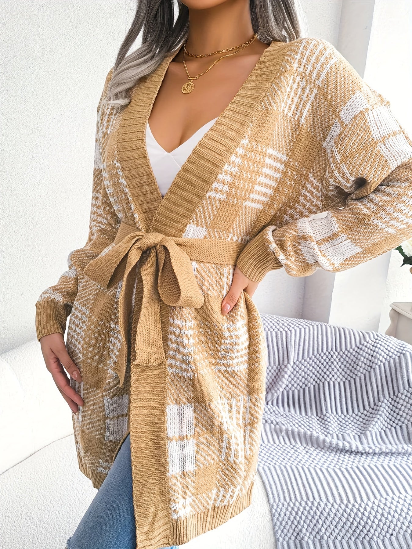  Plaid Print Long Sleeve Open Front Belted Cardigan