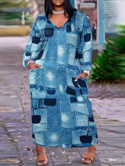  Patchwork Denim Print Maxi Dress