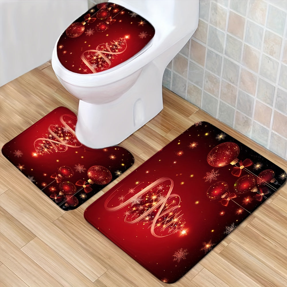 4pcs Red Christmas Tree Bathroom Set with Decorative Curtain & Non-Slip Carpet