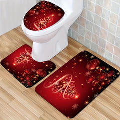 4pcs Red Christmas Tree Bathroom Set with Decorative Curtain & Non-Slip Carpet