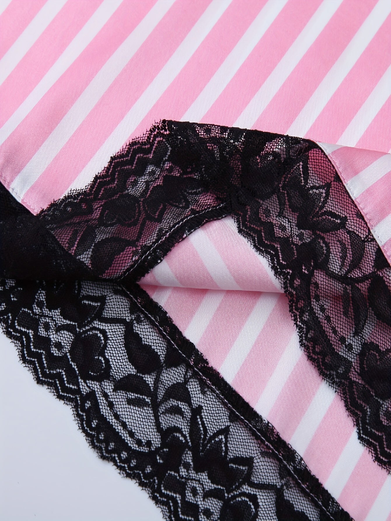  Striped Print Lace Trim Satin Cami Sleep Dress
