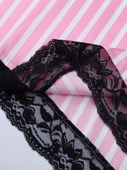  Striped Print Lace Trim Satin Cami Sleep Dress