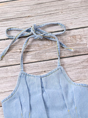 Girls Denim Overalls Halterneck Backless Jumpsuit