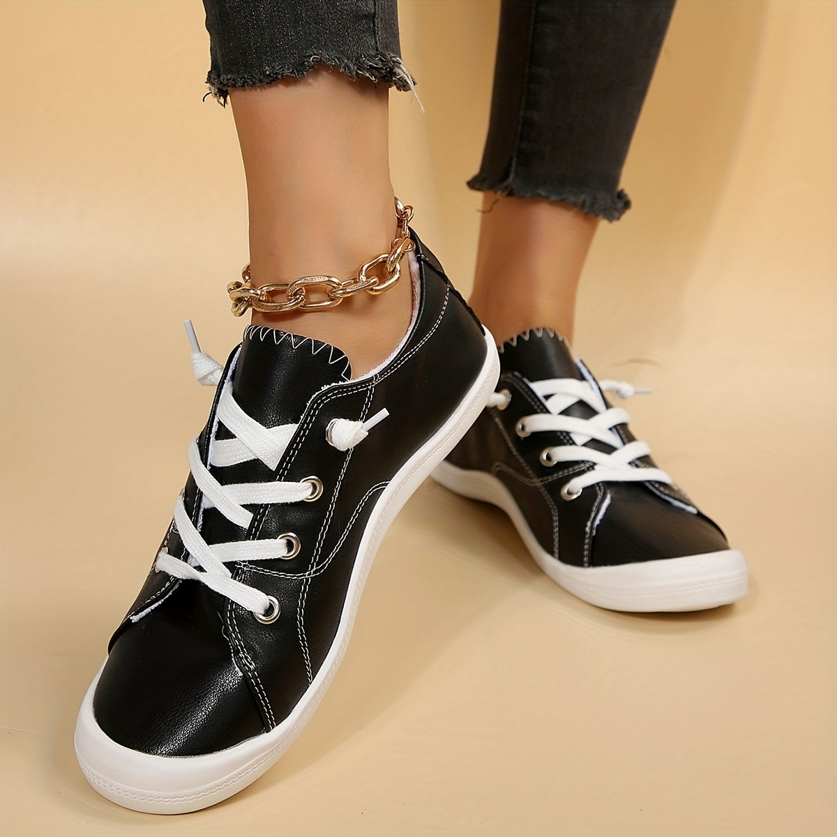 Women's Faux Leather Sneakers Causal Lace Up Outdoor Shoes