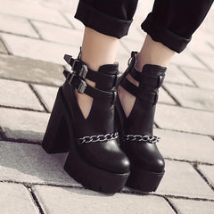 Goth Platform High Heels Chain Buckle Ankle Boots