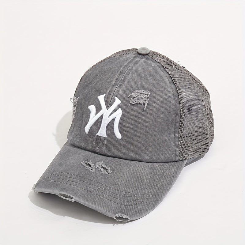 Embroidery Ponytail Trucker Hat Candy Ripped Washed Distressed Baseball Cap