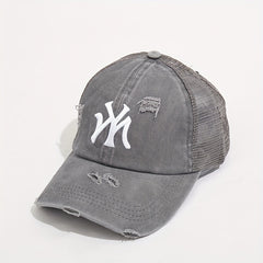 Embroidery Ponytail Trucker Hat Candy Ripped Washed Distressed Baseball Cap