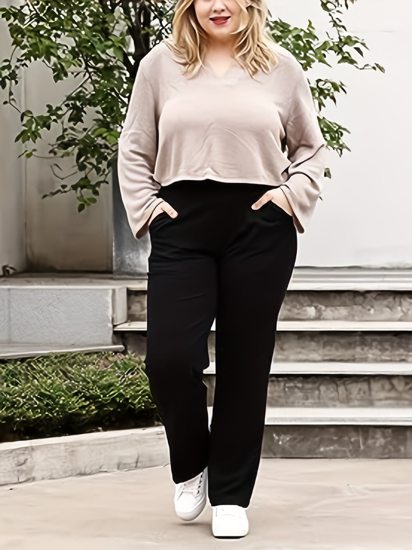  Solid High Rise Stretch Workwear Pants With Pockets