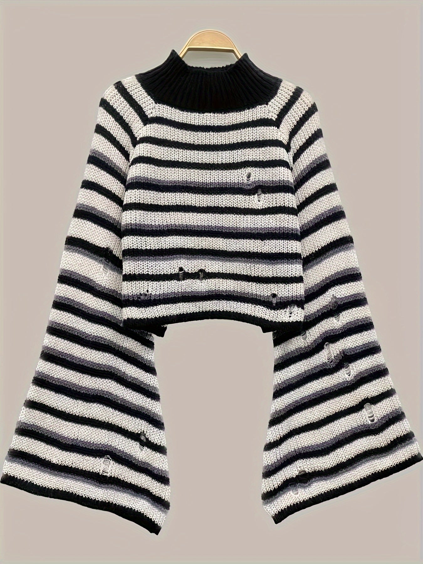  Punk Sweater Women's Plus Colorblock Stripe Print Bell Sleeve Mock Nec