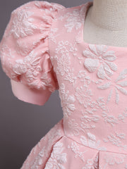 Girls' Formal Flower Jacquard Bubble Sleeve Trailing Evening Dress