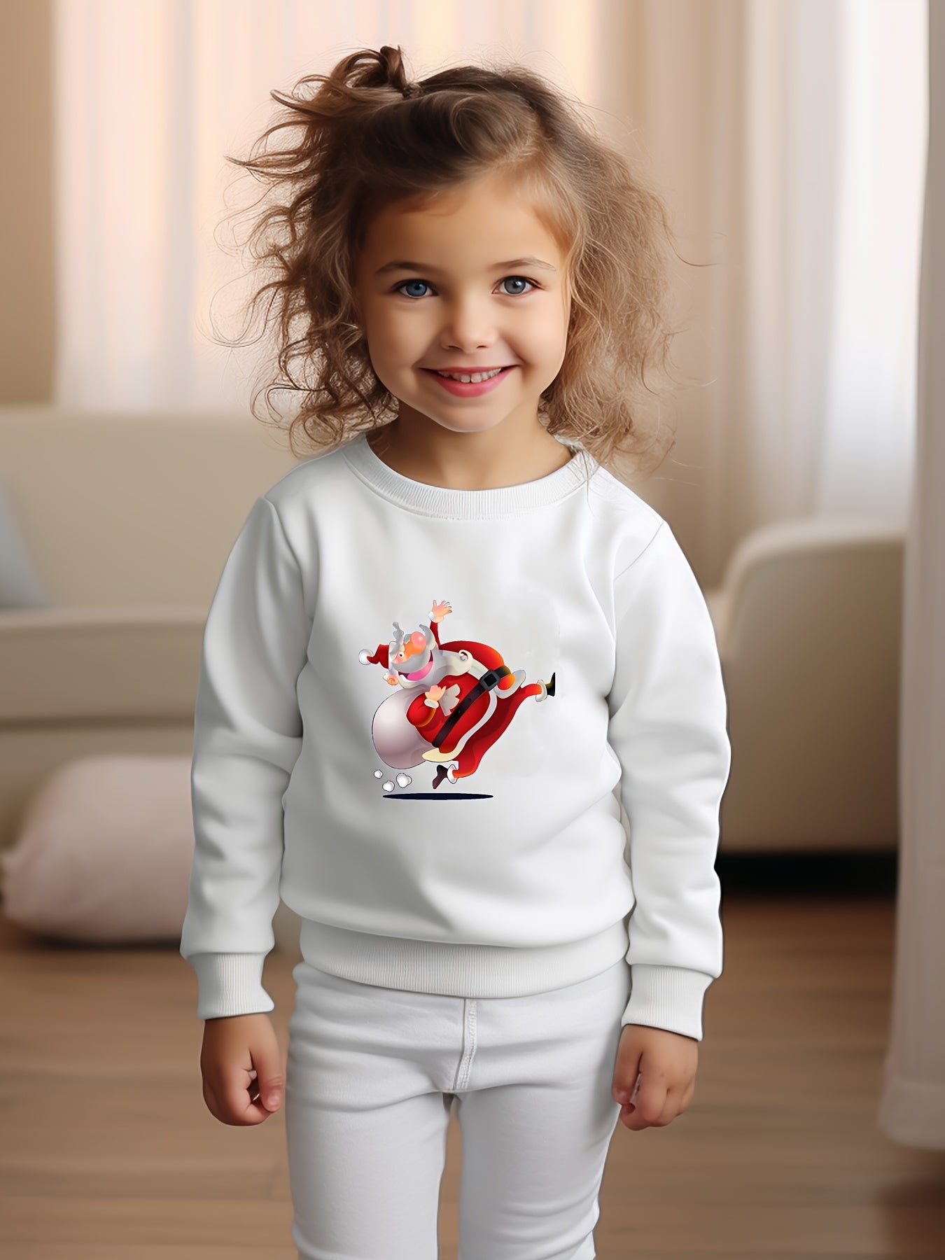Christmas Santa Print Girls Pullover Sweatshirt Long Sleeve Crew Neck Tops