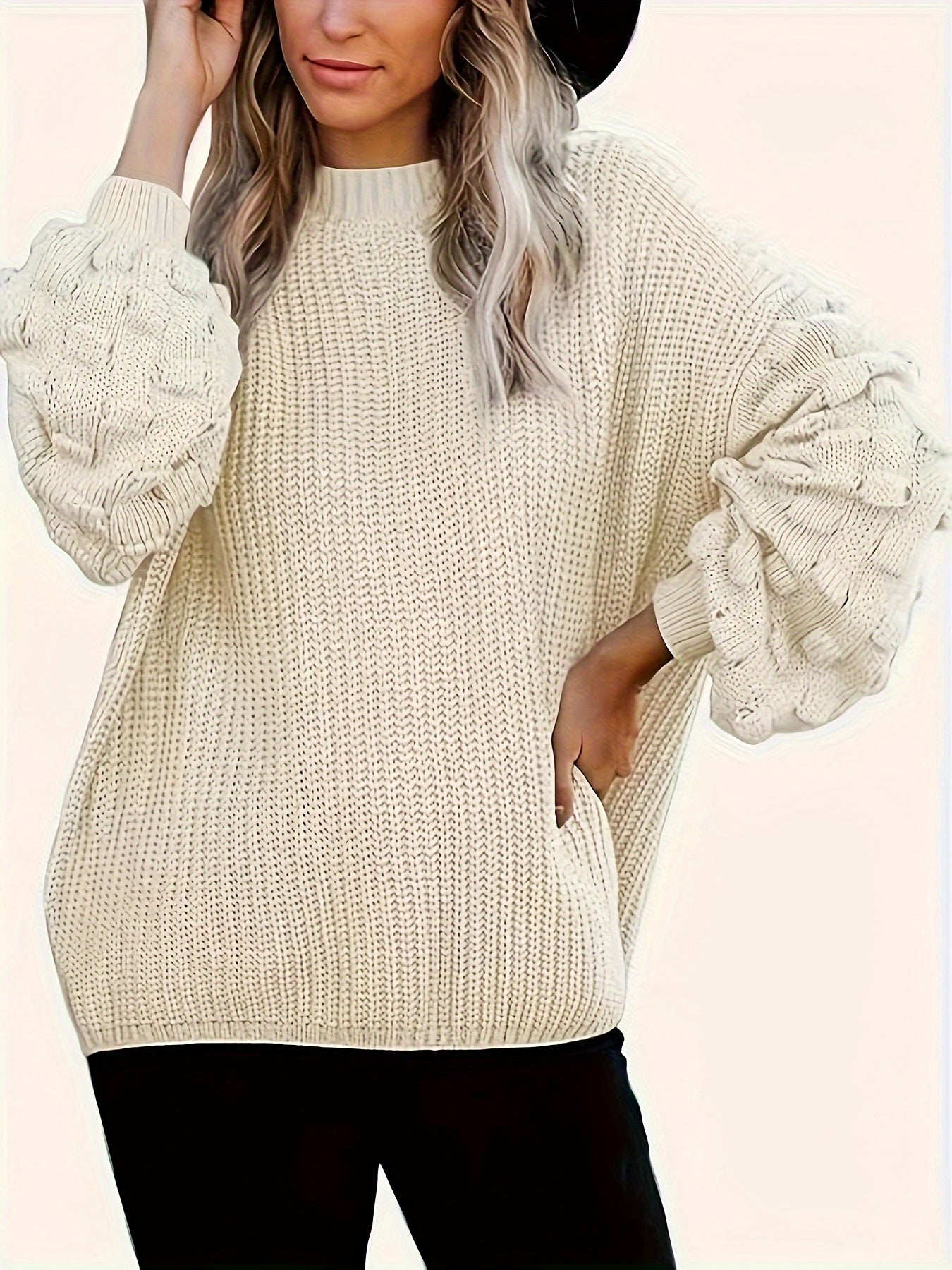  Casual Sweater Women's Plus Solid Chunky Knitted Puff Sleeve