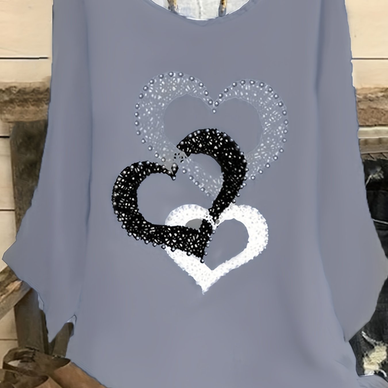  Heart Print Long Sleeve Round Neck Blouse