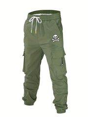 Skull Print Pocket Cargo Pants Men's Casual Loose Fit Solid Cargo Joggers