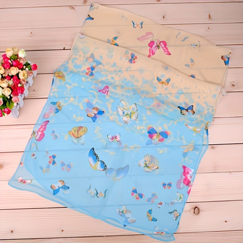 Colorful Butterfly Print Long Chiffon Silk Scarf for Women