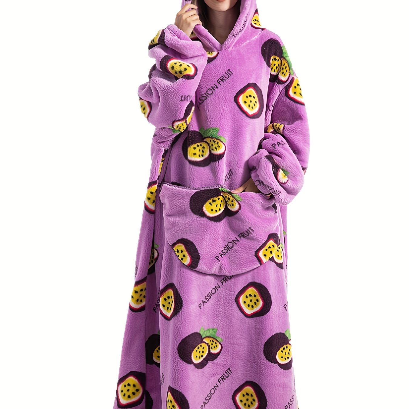  Passion Fruit Pattern Fuzzy Fleece Hooded Wearable Blanket