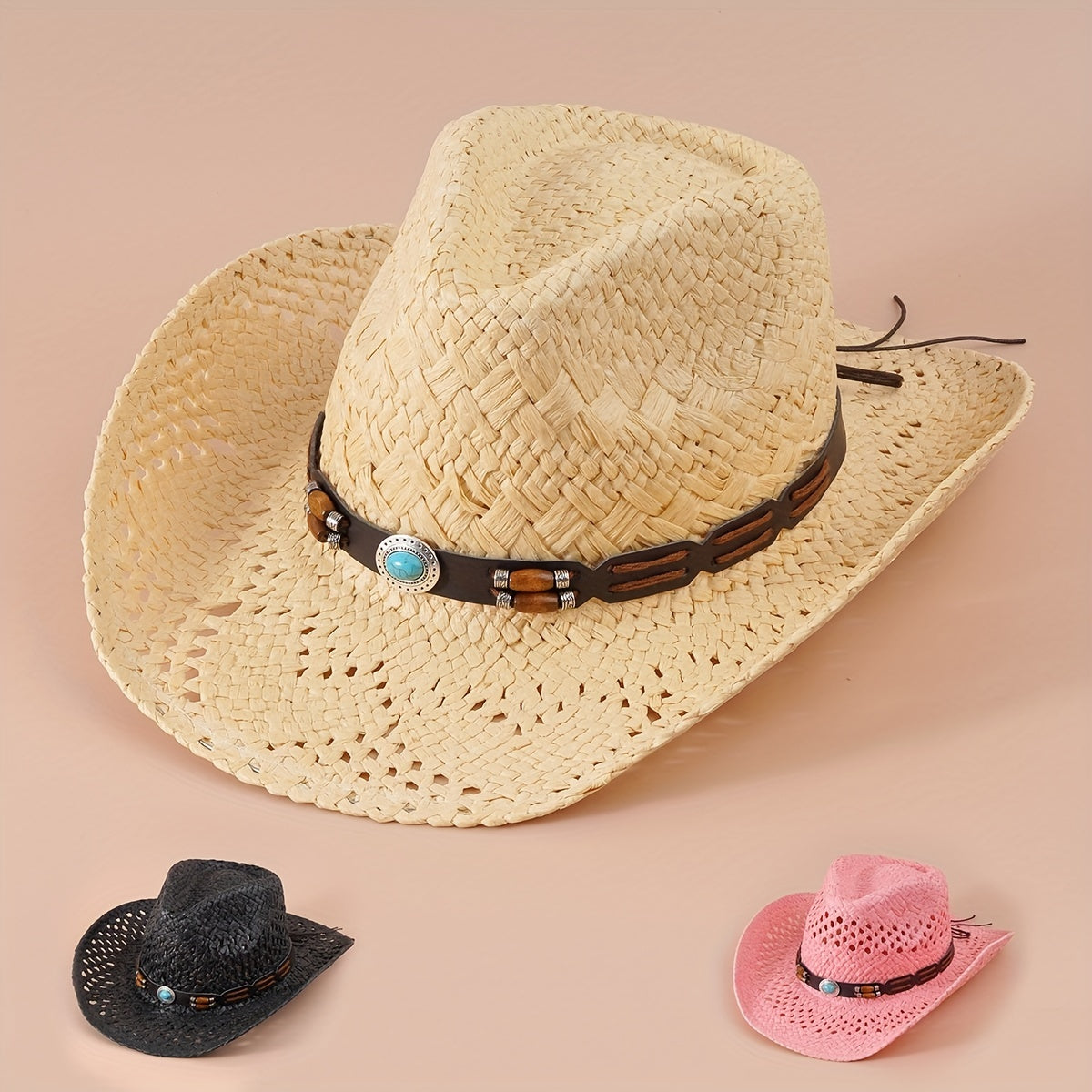 Western Cowboy Straw Hat With Large Wood Beads Turquoise Leather Belt