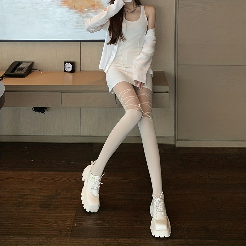Lolita Cross Pattern Pantyhose High Waist Semi Sheer Bow Decor Pantyhose