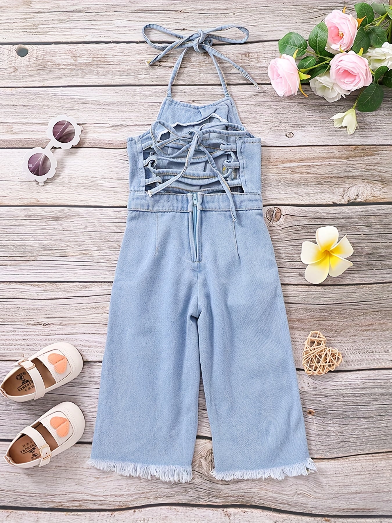 Girls Denim Overalls Halterneck Backless Jumpsuit
