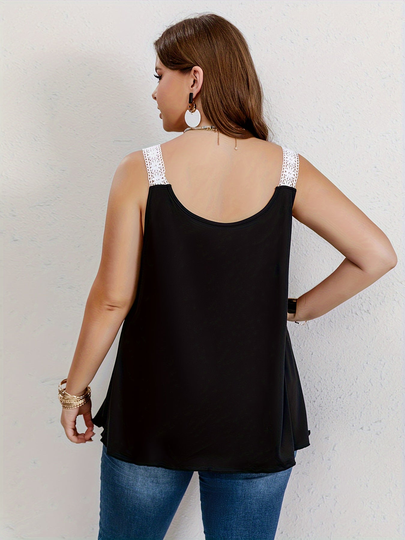 Solid Lace Trim Tank Top Scoop Neck Slight Stretch