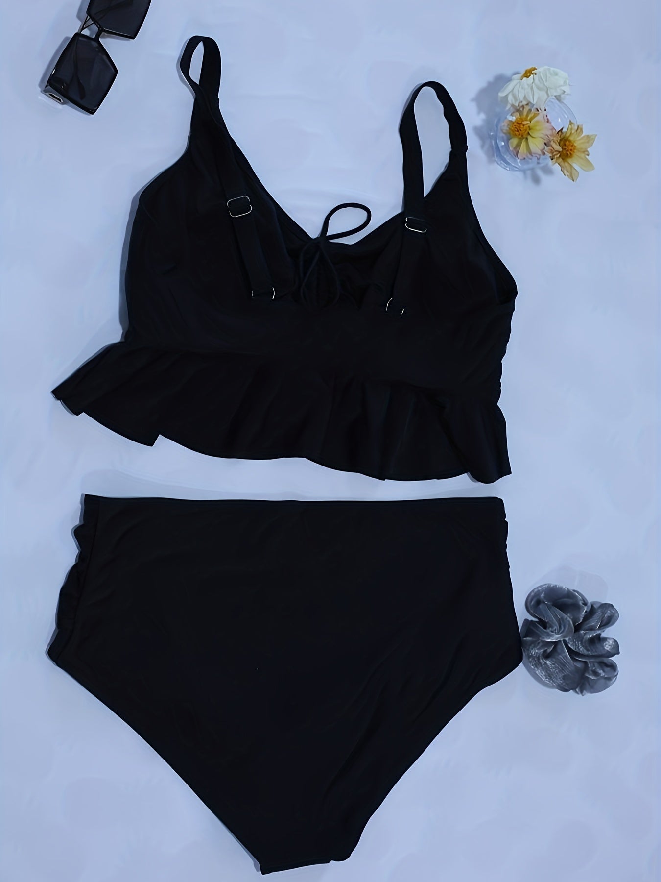  Lace Ruffle Trim Crop Cami Top & Panty Swimsuit Set